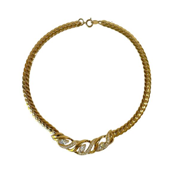 Trifari TM Gold Plate Clear Rhinestone Open Design Centerpiece Chevron Choker - Picture 4 of 4